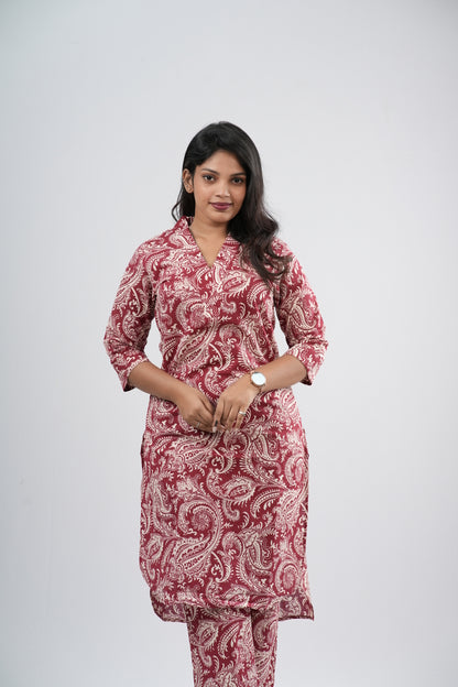 Vibrant Red & White Paisley Print Cotton Co-ord Set