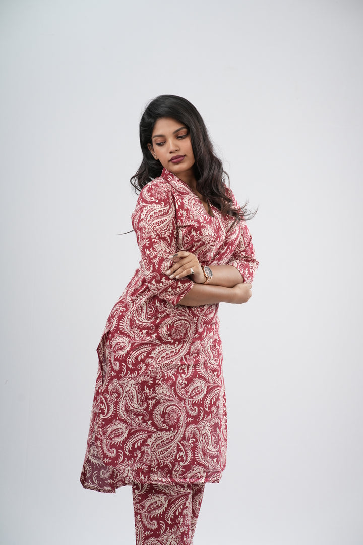 Vibrant Red & White Paisley Print Cotton Co-ord Set