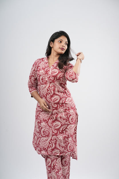 Vibrant Red & White Paisley Print Cotton Co-ord Set