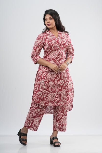 Vibrant Red & White Paisley Print Cotton Co-ord Set