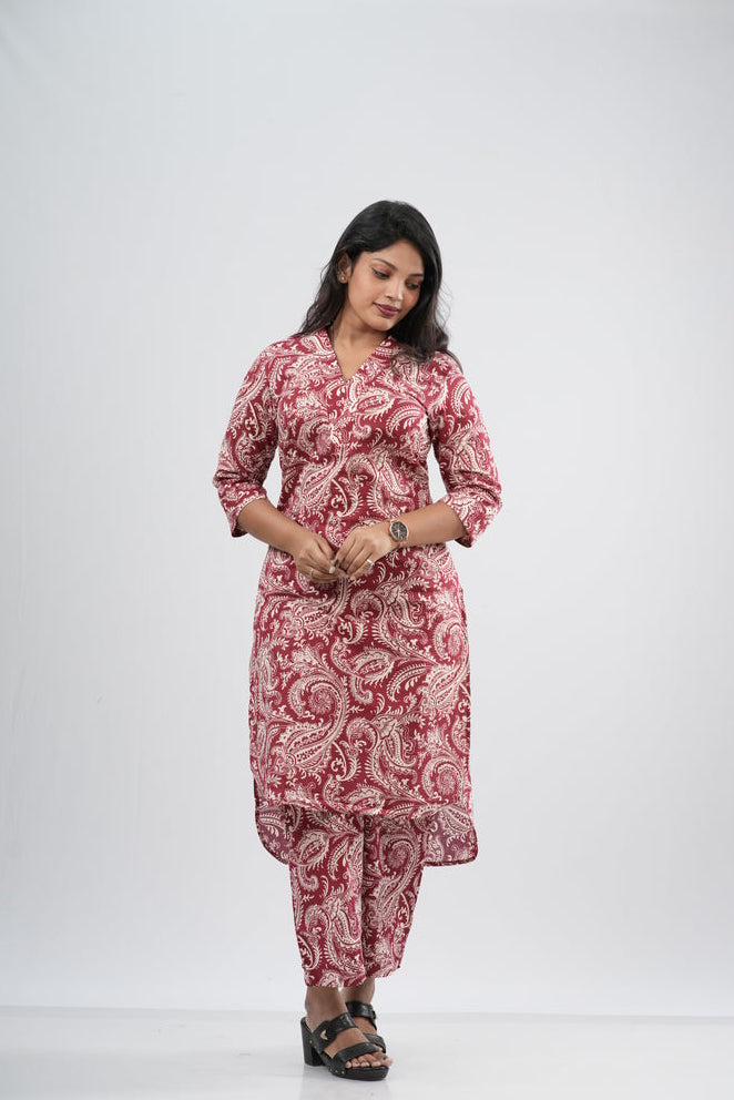 Vibrant Red & White Paisley Print Cotton Co-ord Set