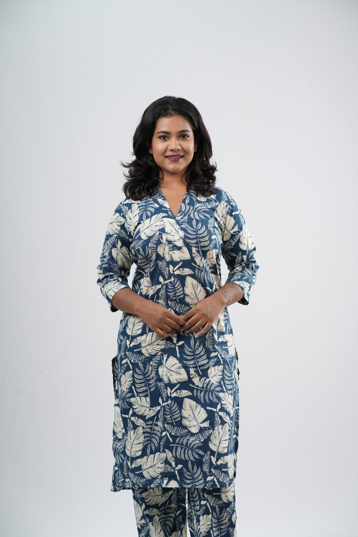 Indigo & White Tropical Leaf Print Cotton Co-ord Set