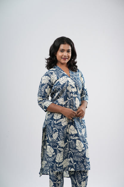 Indigo & White Tropical Leaf Print Cotton Co-ord Set