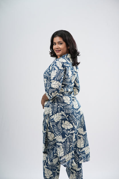Indigo & White Tropical Leaf Print Cotton Co-ord Set