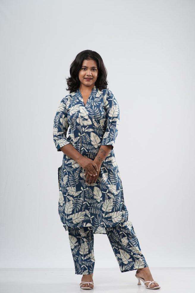 Indigo & White Tropical Leaf Print Cotton Co-ord Set