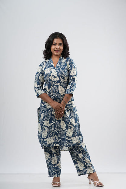 Indigo & White Tropical Leaf Print Cotton Co-ord Set