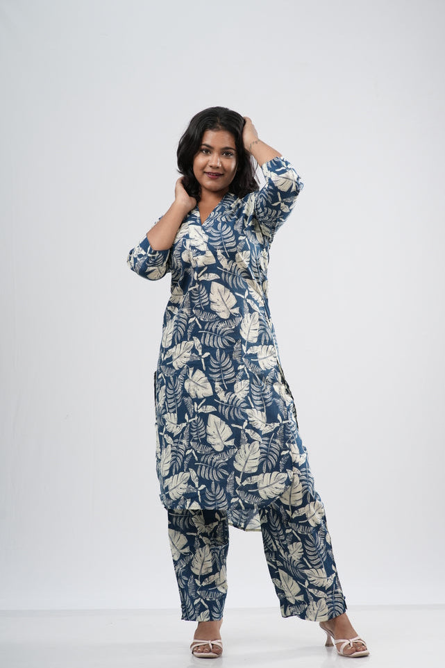 Indigo & White Tropical Leaf Print Cotton Co-ord Set