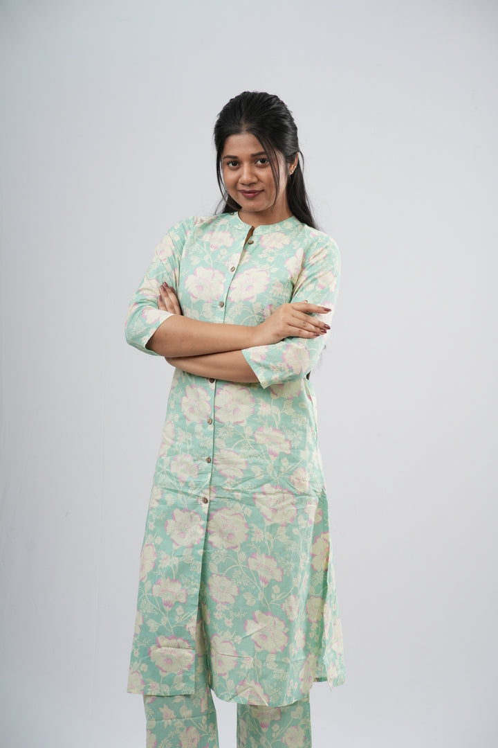 Mint Green Floral Print Cotton Co-ord Set