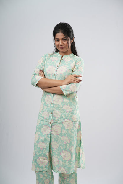 Mint Green Floral Print Cotton Co-ord Set