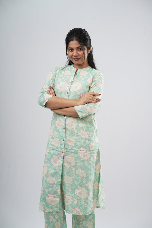 Mint Green Floral Print Cotton Co-ord Set