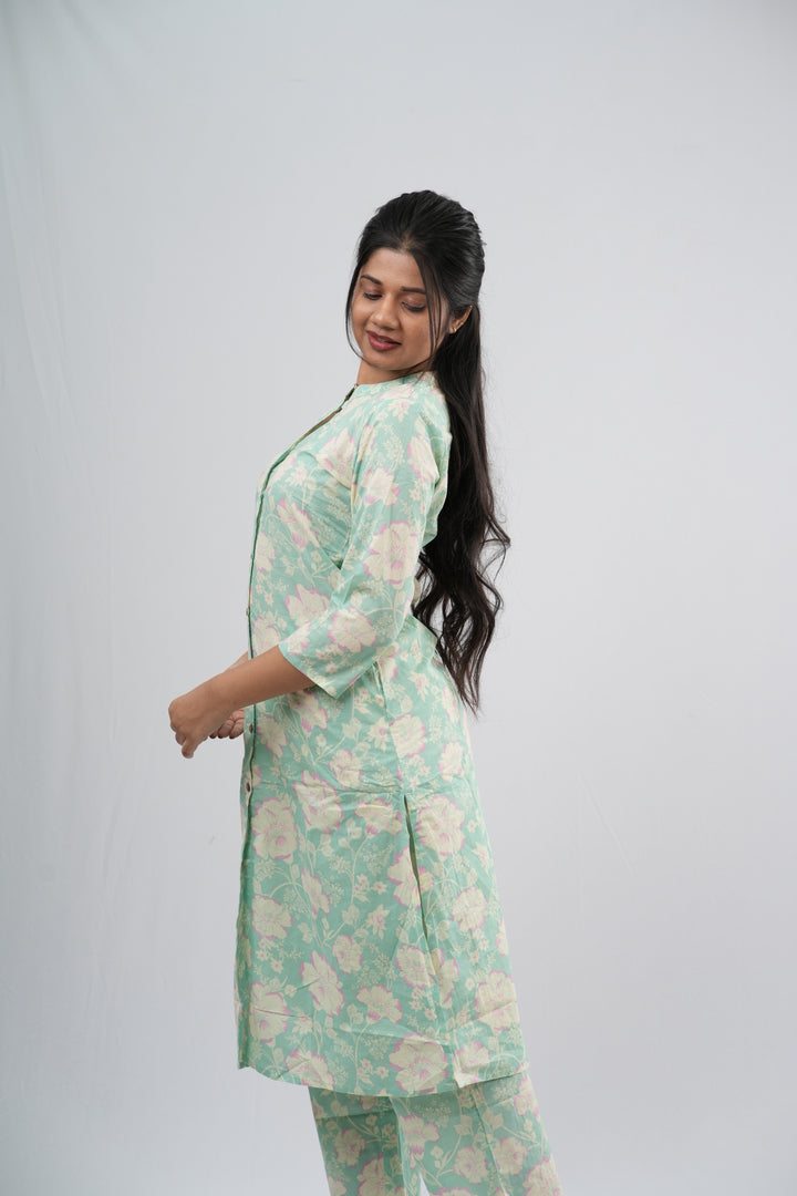 Mint Green Floral Print Cotton Co-ord Set
