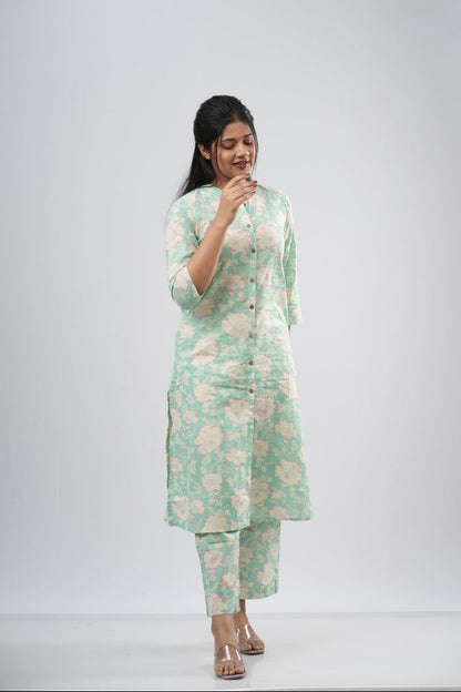 Mint Green Floral Print Cotton Co-ord Set