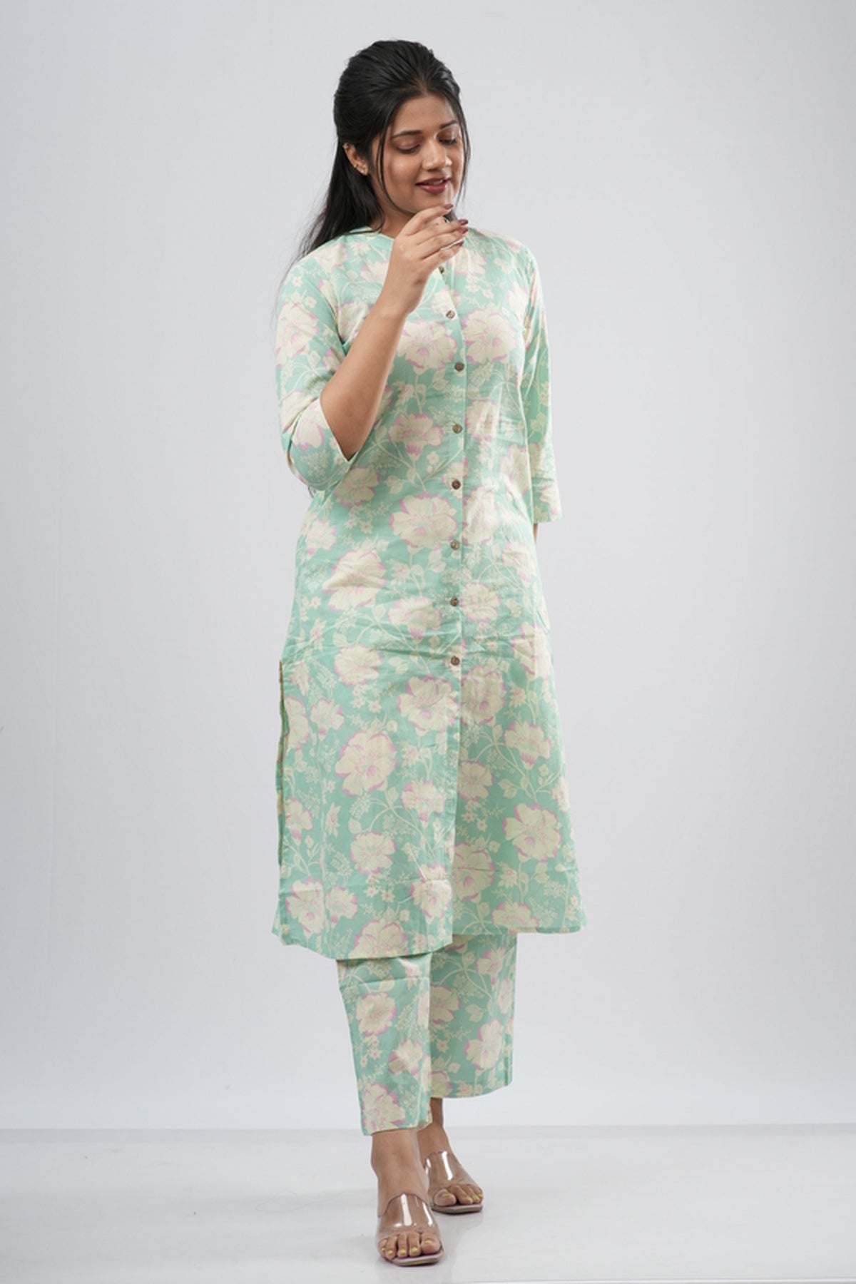 Mint Green Floral Print Cotton Co-ord Set