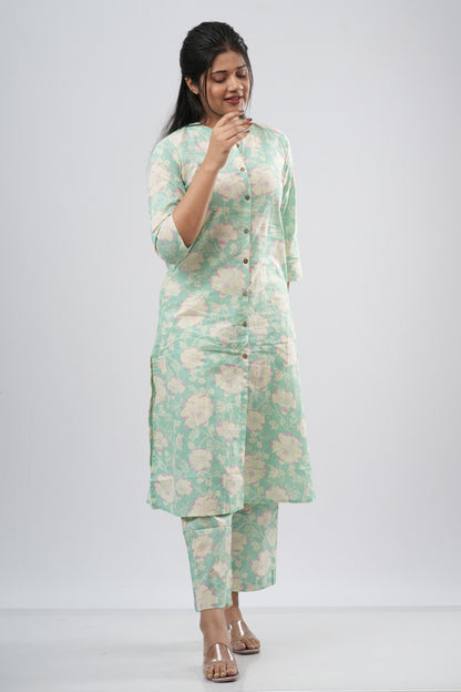 Mint Green Floral Print Cotton Co-ord Set