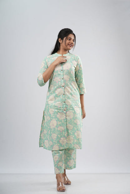 Mint Green Floral Print Cotton Co-ord Set