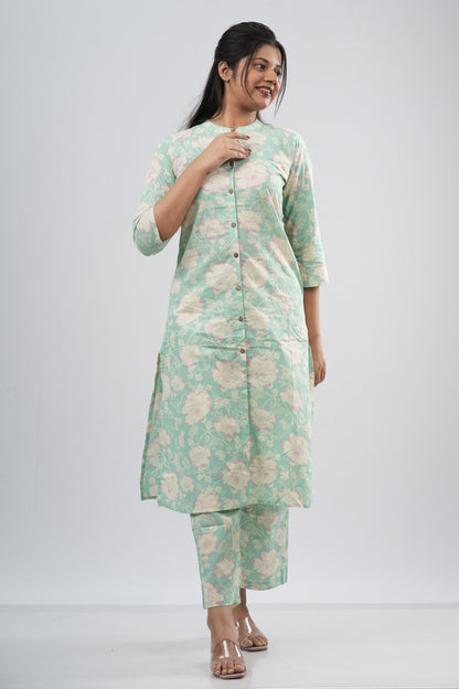 Mint Green Floral Print Cotton Co-ord Set