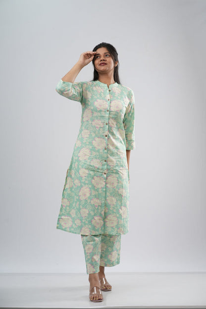 Mint Green Floral Print Cotton Co-ord Set