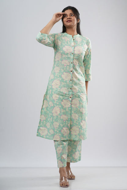 Mint Green Floral Print Cotton Co-ord Set