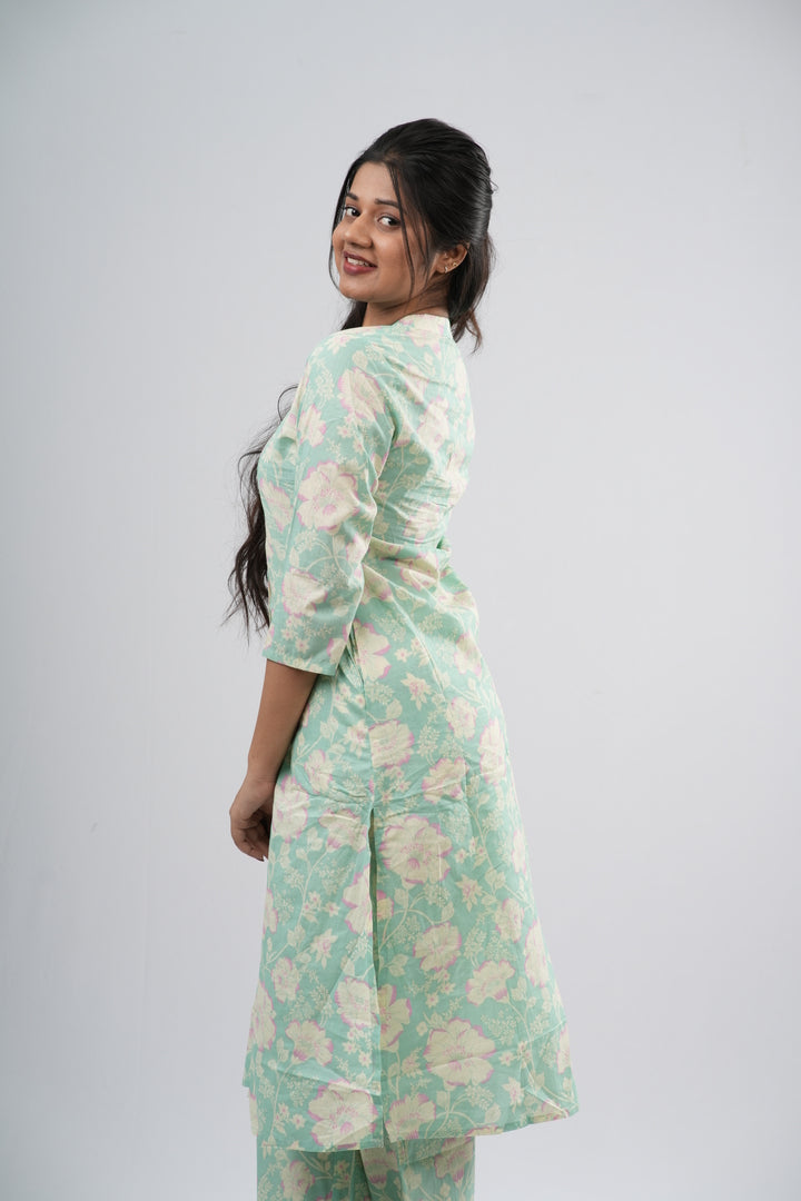 Mint Green Floral Print Cotton Co-ord Set