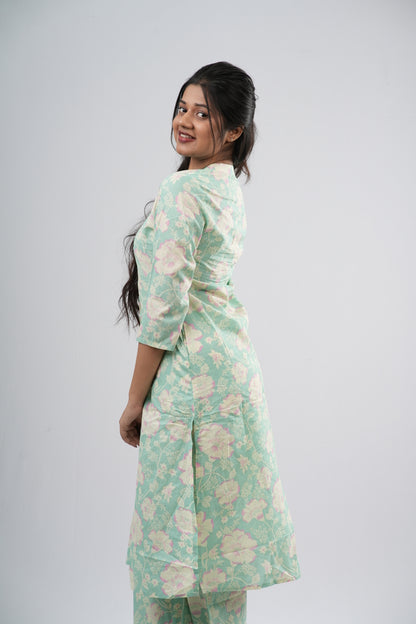 Mint Green Floral Print Cotton Co-ord Set