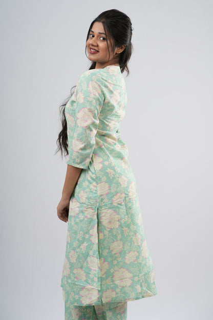 Mint Green Floral Print Cotton Co-ord Set