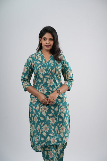Teal Green Floral Vine Print Cotton Co-ord Set