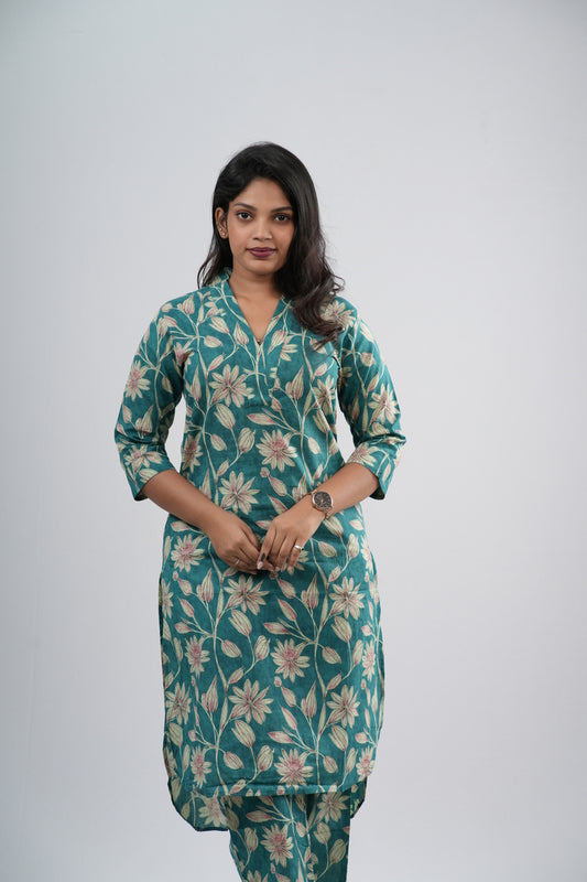 Teal Green Floral Vine Print Cotton Co-ord Set