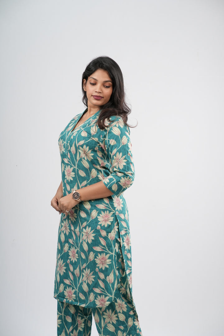 Teal Green Floral Vine Print Cotton Co-ord Set