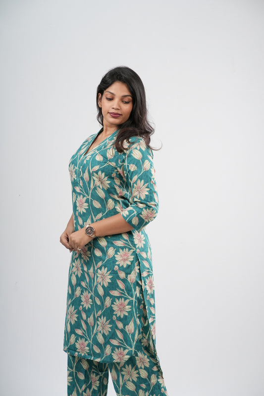 Teal Green Floral Vine Print Cotton Co-ord Set