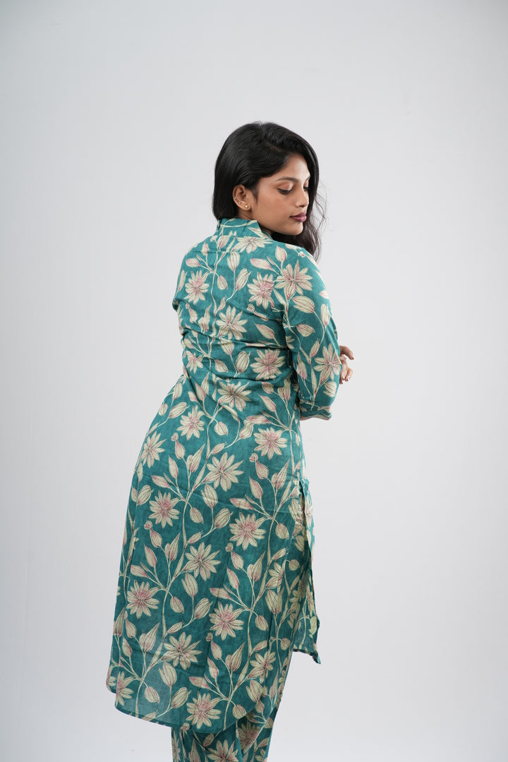 Teal Green Floral Vine Print Cotton Co-ord Set
