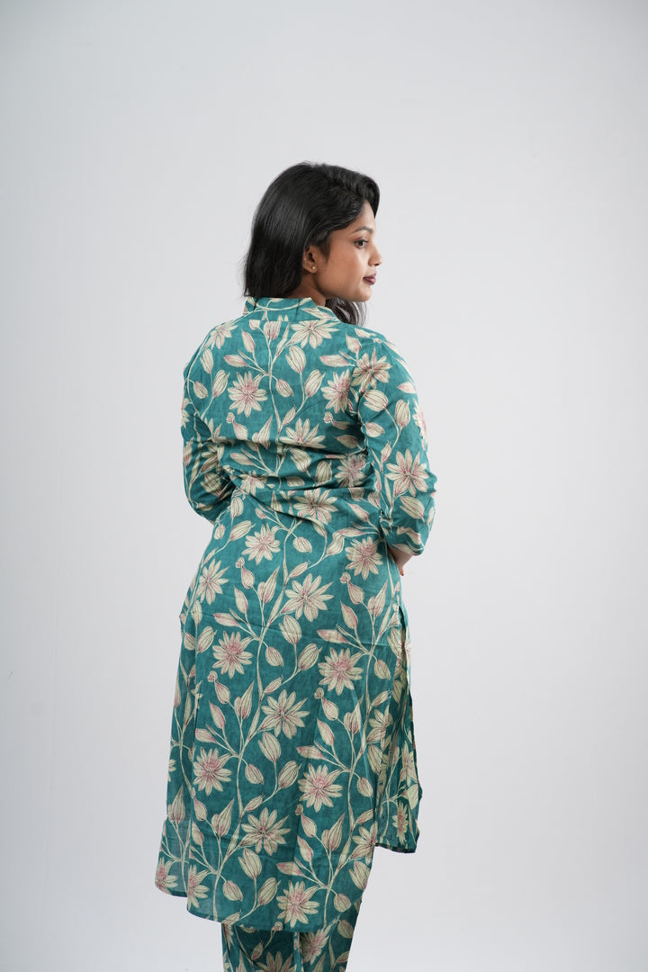Teal Green Floral Vine Print Cotton Co-ord Set
