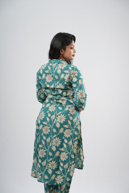 Teal Green Floral Vine Print Cotton Co-ord Set