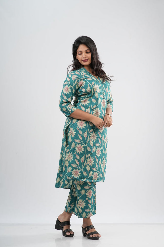 Teal Green Floral Vine Print Cotton Co-ord Set
