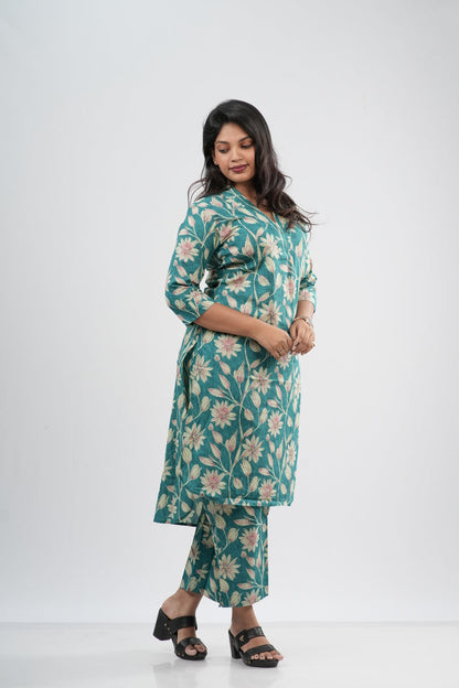Teal Green Floral Vine Print Cotton Co-ord Set