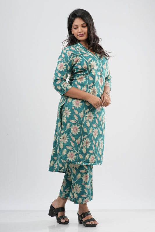 Teal Green Floral Vine Print Cotton Co-ord Set