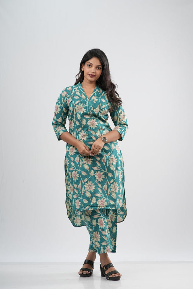 Teal Green Floral Vine Print Cotton Co-ord Set