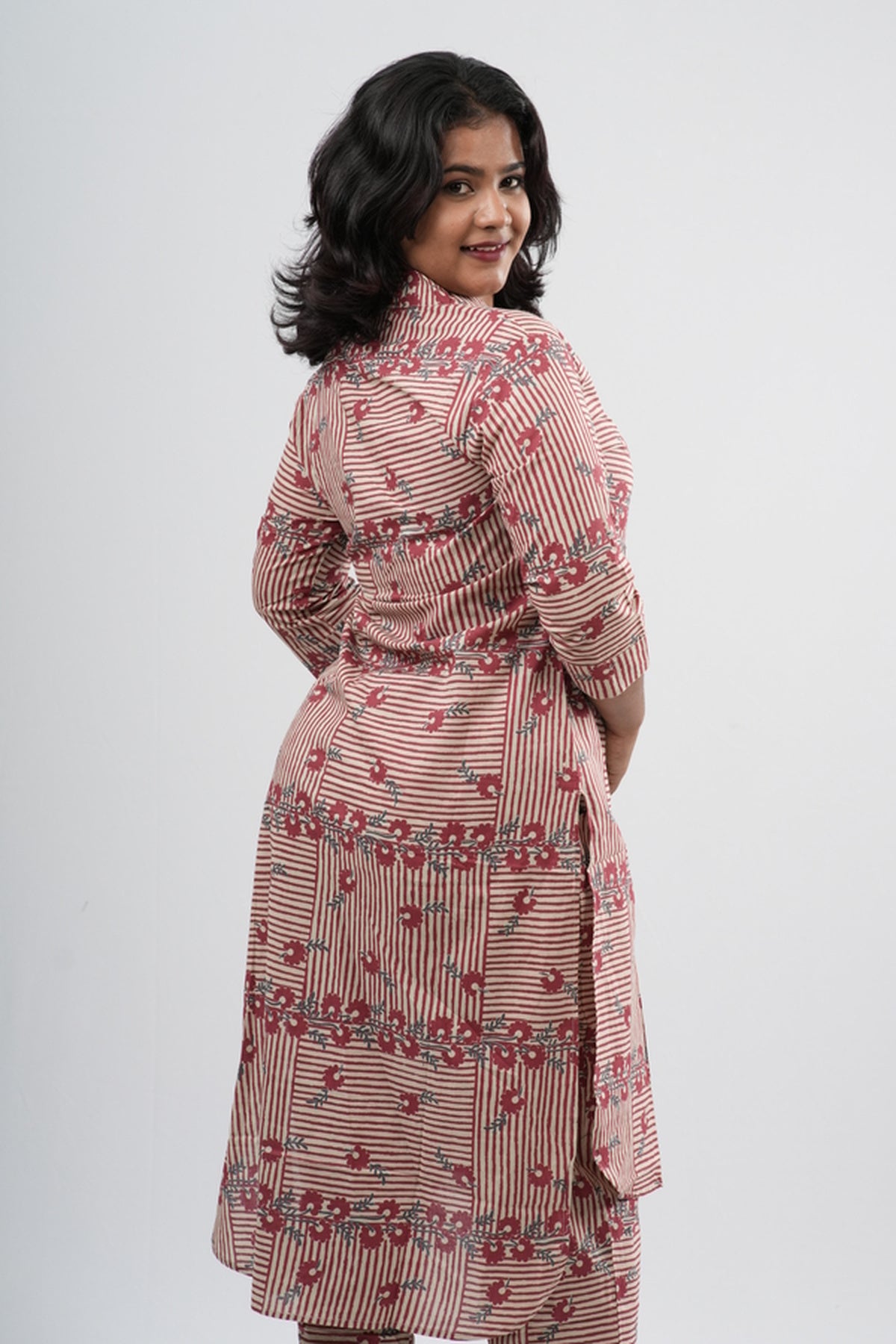 Pink & White Striped Floral Print Cotton Co-ord Set
