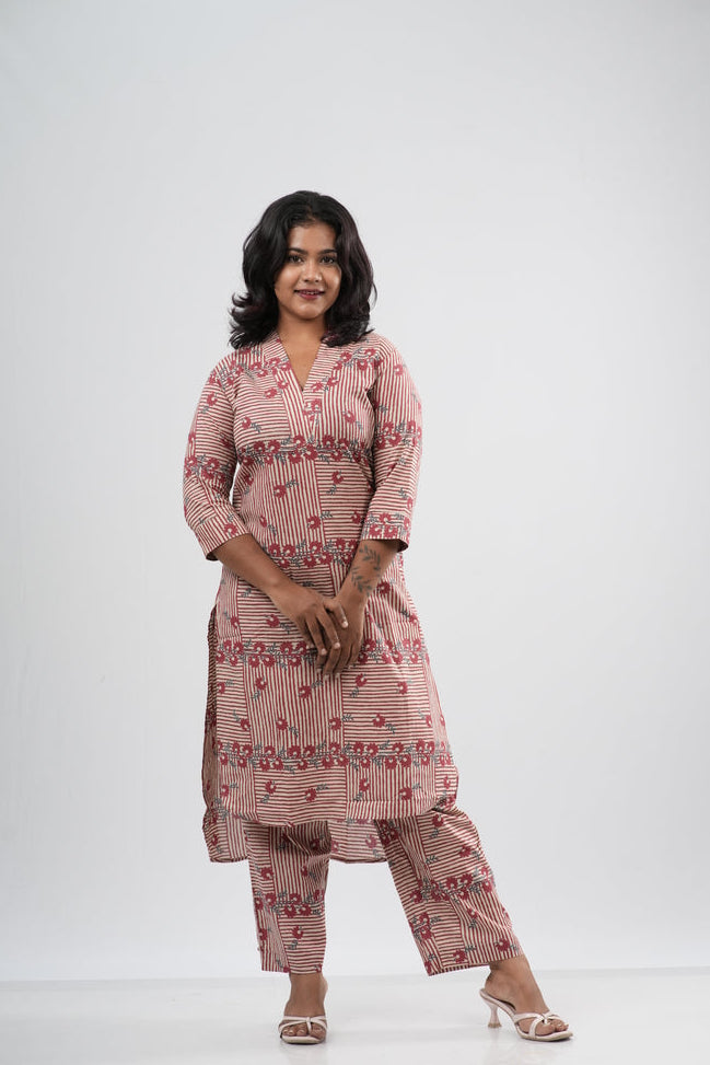 Pink & White Striped Floral Print Cotton Co-ord Set