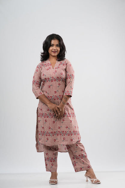 Pink & White Striped Floral Print Cotton Co-ord Set