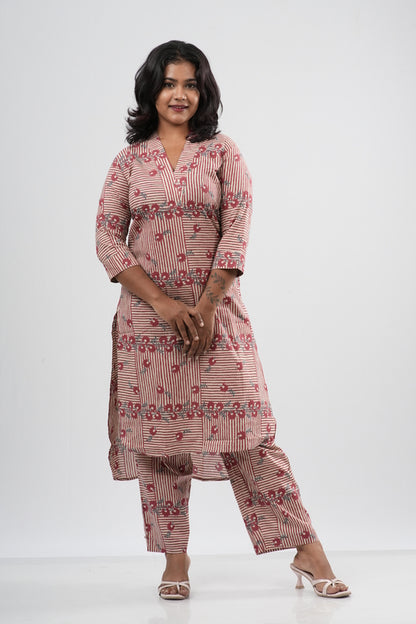 Pink & White Striped Floral Print Cotton Co-ord Set