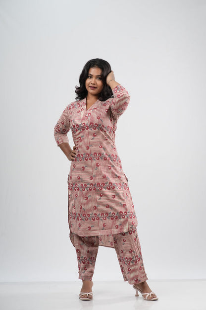 Pink & White Striped Floral Print Cotton Co-ord Set