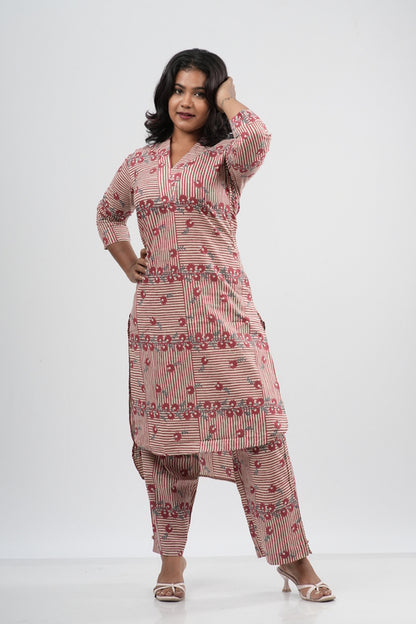 Pink & White Striped Floral Print Cotton Co-ord Set