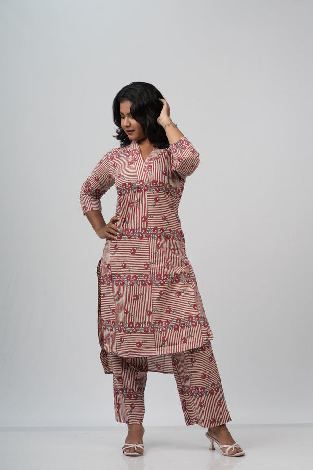 Pink & White Striped Floral Print Cotton Co-ord Set