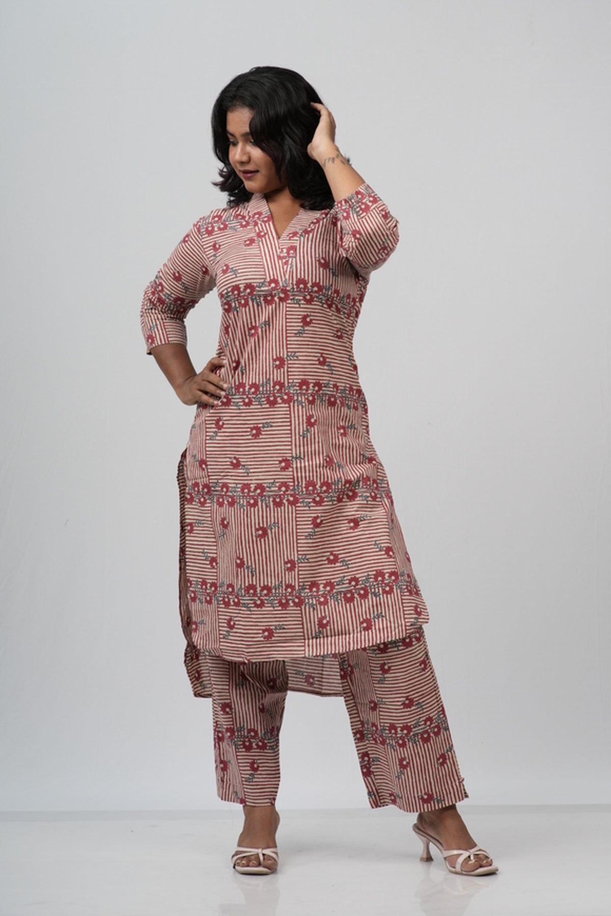 Pink & White Striped Floral Print Cotton Co-ord Set