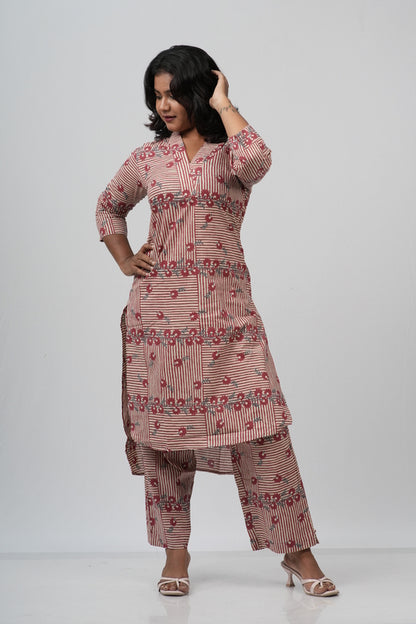 Pink & White Striped Floral Print Cotton Co-ord Set