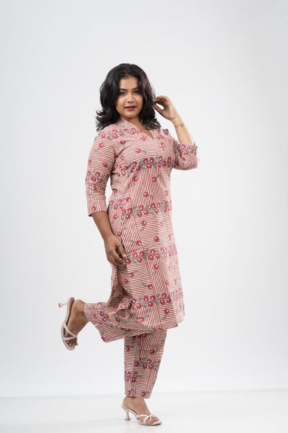 Pink & White Striped Floral Print Cotton Co-ord Set