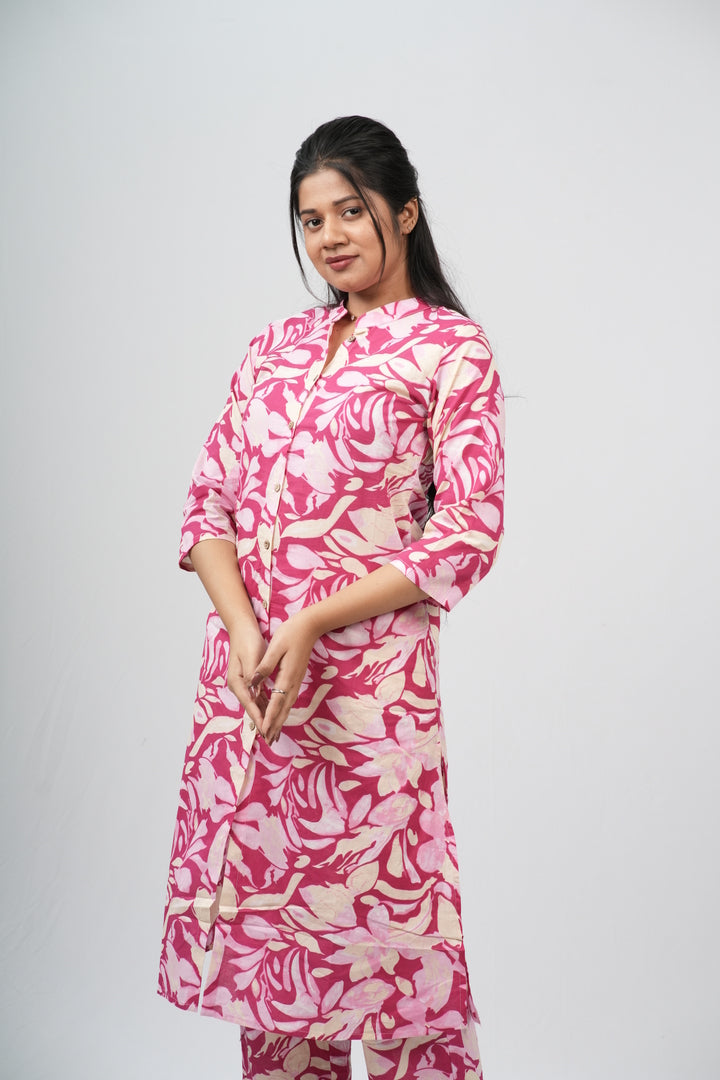 Pink & White Floral Print Cotton Co-ord Set