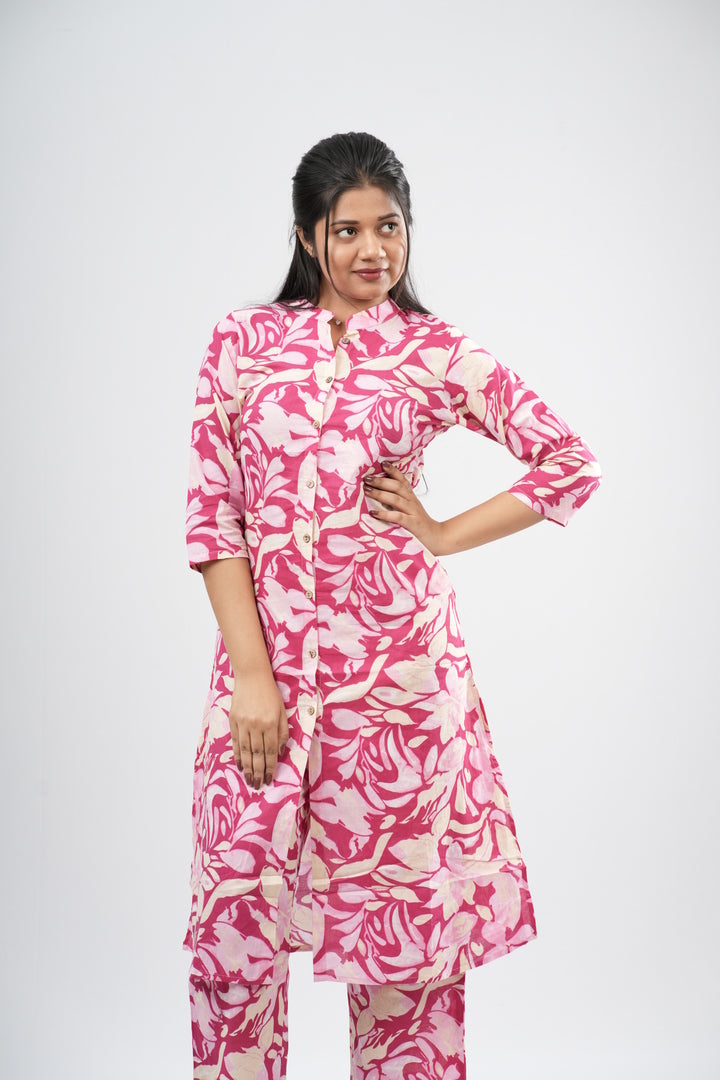 Pink & White Floral Print Cotton Co-ord Set