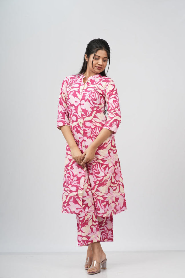 Pink & White Floral Print Cotton Co-ord Set
