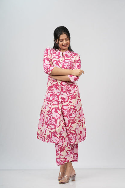 Pink & White Floral Print Cotton Co-ord Set